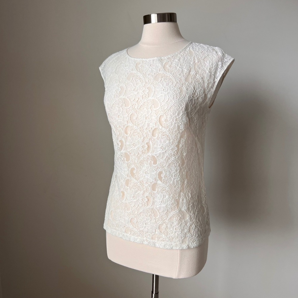 Eddie Bauer Women Cream Floral Lace Sleeveless Blouse Boat Neck Bridal 23302402